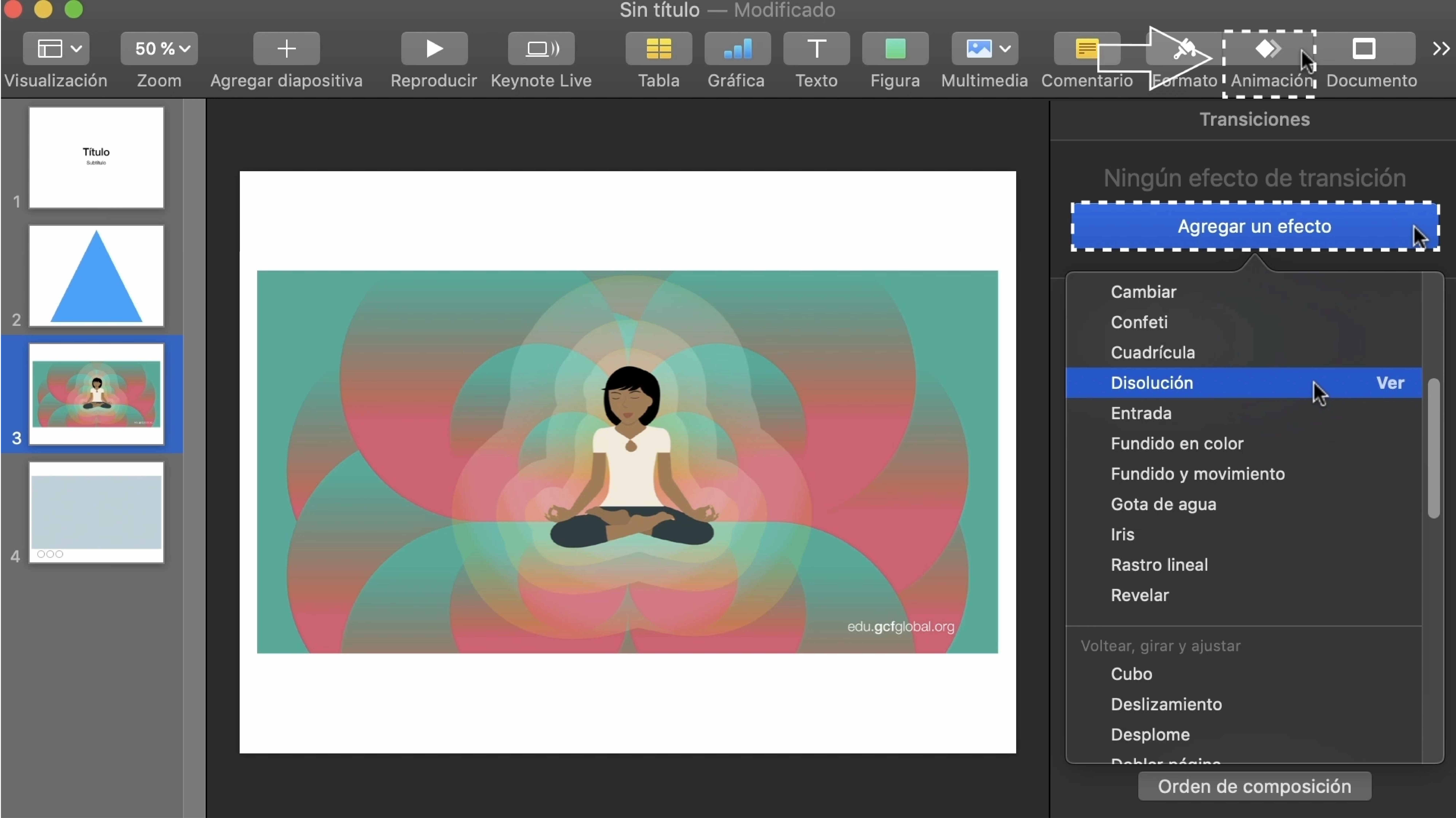 Imagen de Keynote eligiendo las animaciones para las diapositivas.